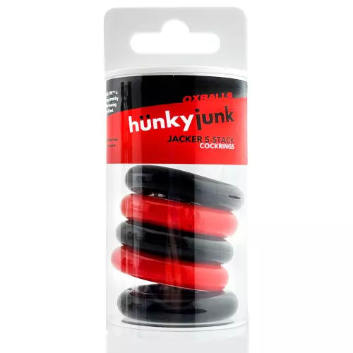 5er-Set dehnbare Penisringe Jacker 5-Stack 22mm Schwarz-Rot – 4/5