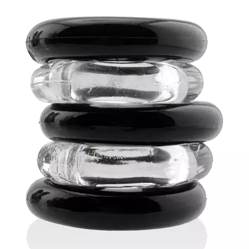 Pack of 5 Jacker 5-Stack Stretchable Cockrings 22mm Black-Clear – 3/5