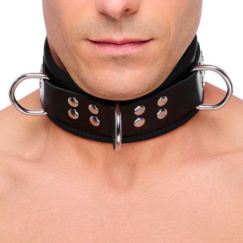 Lederen halsband 3 D-ringen Zwart