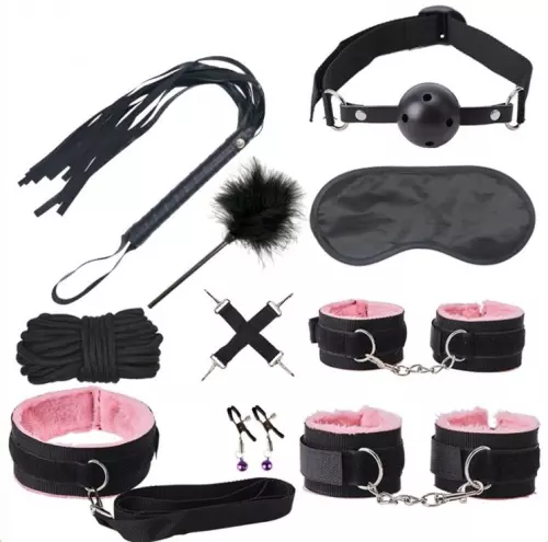 SM BONDAGE PUSH Set 9 Teile Schwarz-Rosa – 1/4