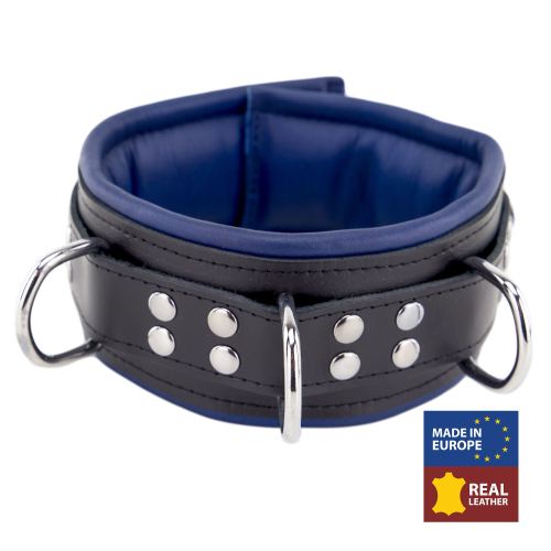 Padded Leather Collar 3 D-Rings Blue