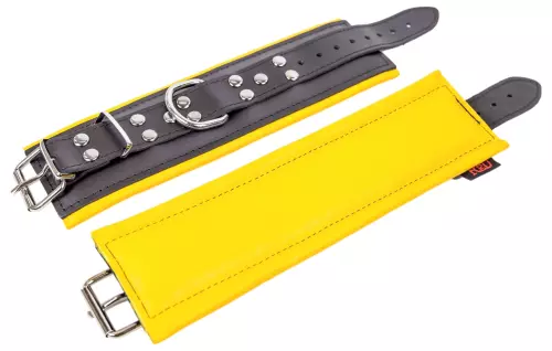 Gepolsterte Ledermanschetten Schwarz-Gelb – 3/9