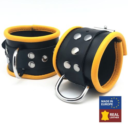 Leather Handcuffs for Wrists Black-Yellow