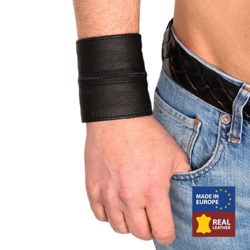 Leder-Kraftarmband - Schwarz/Schwarz - mit Reißverschluss