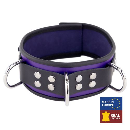 Lederhalsband 3 D-Ringe Violett-Schwarz