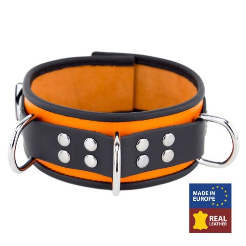 Lederhalsband 3 D-Ringe Orange-Schwarz