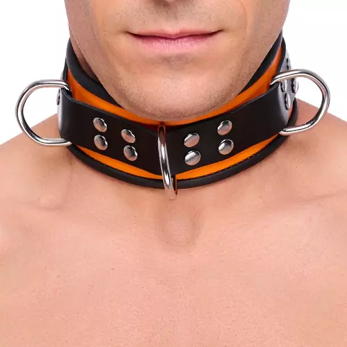 Lederhalsband 3 D-Ringe Orange-Schwarz – 2/7