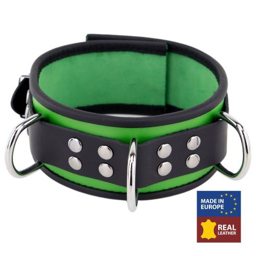Leder Halsband 3 D-Ringe Grün-Schwarz