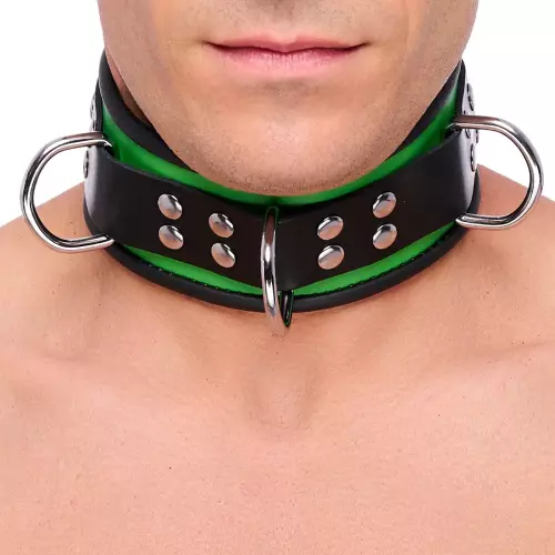 Leder Halsband 3 D-Ringe Grün-Schwarz – 2/7