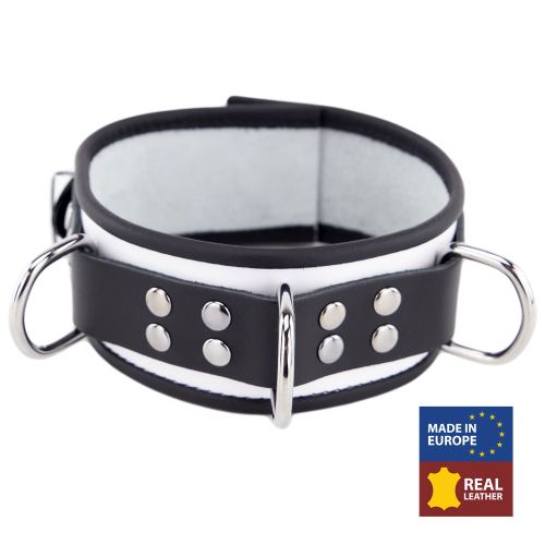 Lederhalsband 3 D-Ringe Weiß-Schwarz