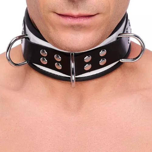Lederhalsband 3 D-Ringe Weiß-Schwarz – 2/7