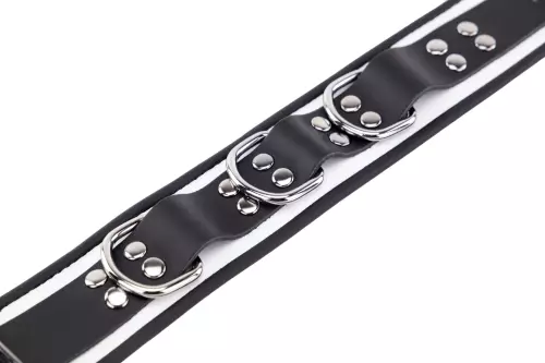Lederhalsband 3 D-Ringe Weiß-Schwarz – 7/7