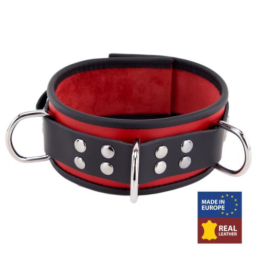 Lederhalsband 3 D-Ringe Rot-Schwarz