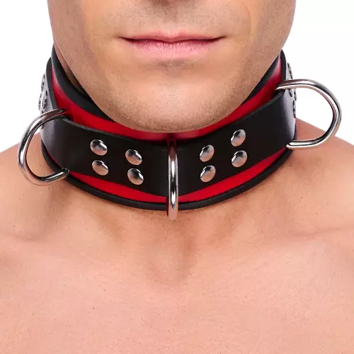 Lederhalsband 3 D-Ringe Rot-Schwarz – 2/7