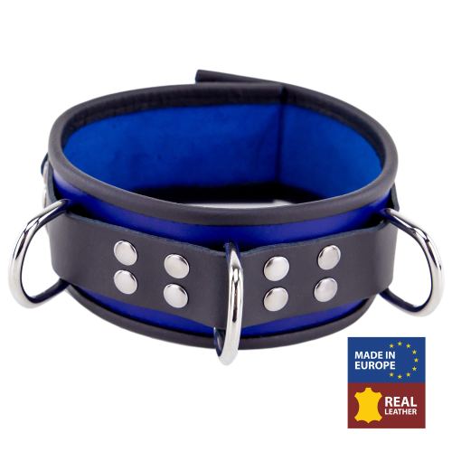 Lederhalsband - 3 D-Ringe - Blau/Schwarz
