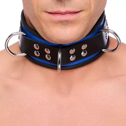 Lederhalsband - 3 D-Ringe - Blau/Schwarz – 2/7
