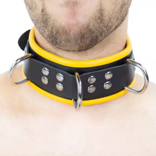 Lederhalsband - 3 D-Ringe - Schwarz/Gelb – 2/9
