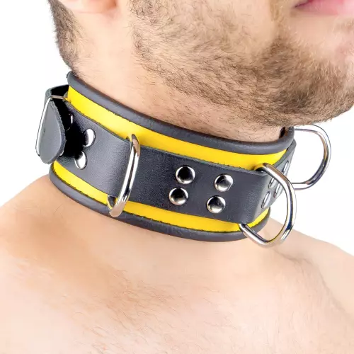 Lederhalsband - 3 D-Ringe - Schwarz/Gelb – 7/9