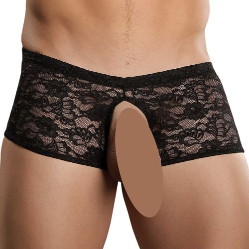 Bottomless lace boxer Crotchless Black