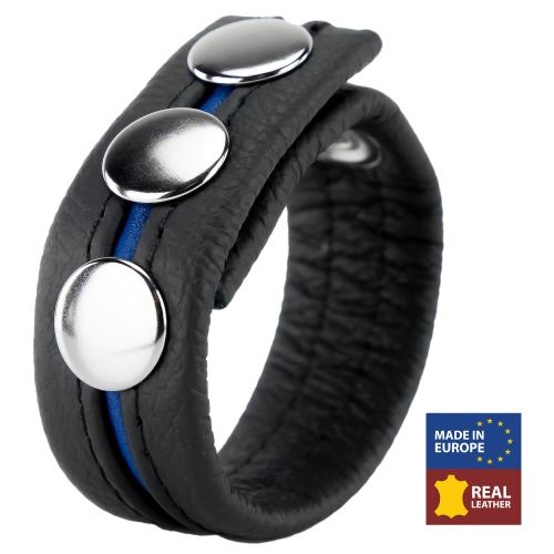 Leather Cock Ring 3 Snaps Black-Blue