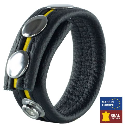 3 Snap Leather Cockring Black-Yellow