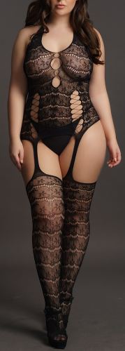 Plus Size Bodysuit LACE SUSPENDER - Black