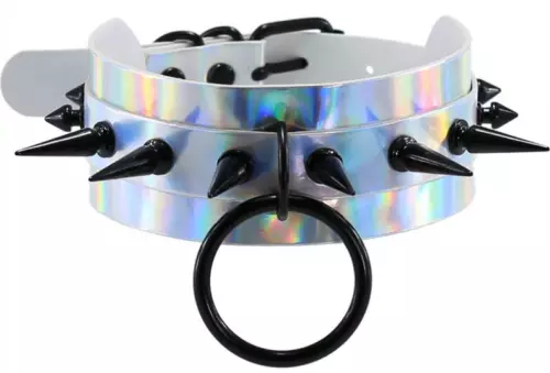 Nieten-Halsband Strobo Laser Silber-Schwarz – 1/3