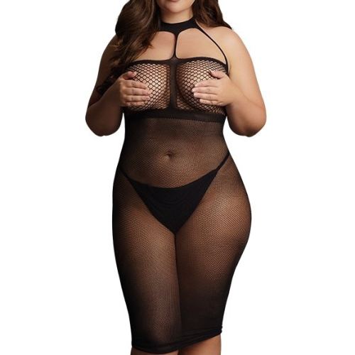 Black HIGH NECK Fishnet Plus-Size Dress